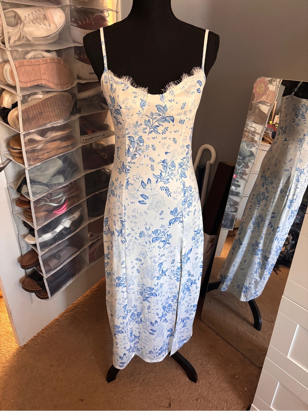 SHEIN White and Blue Floral Lace-Trim Slip Dress